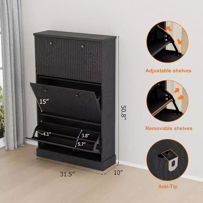 Shoe Cabinet with 3 Flip Drawers,Fluted Storage Cabinet with Adjustable and Removable Shelves,Freestanding Narrow Shoe Organizer for Entryway,Hallway
