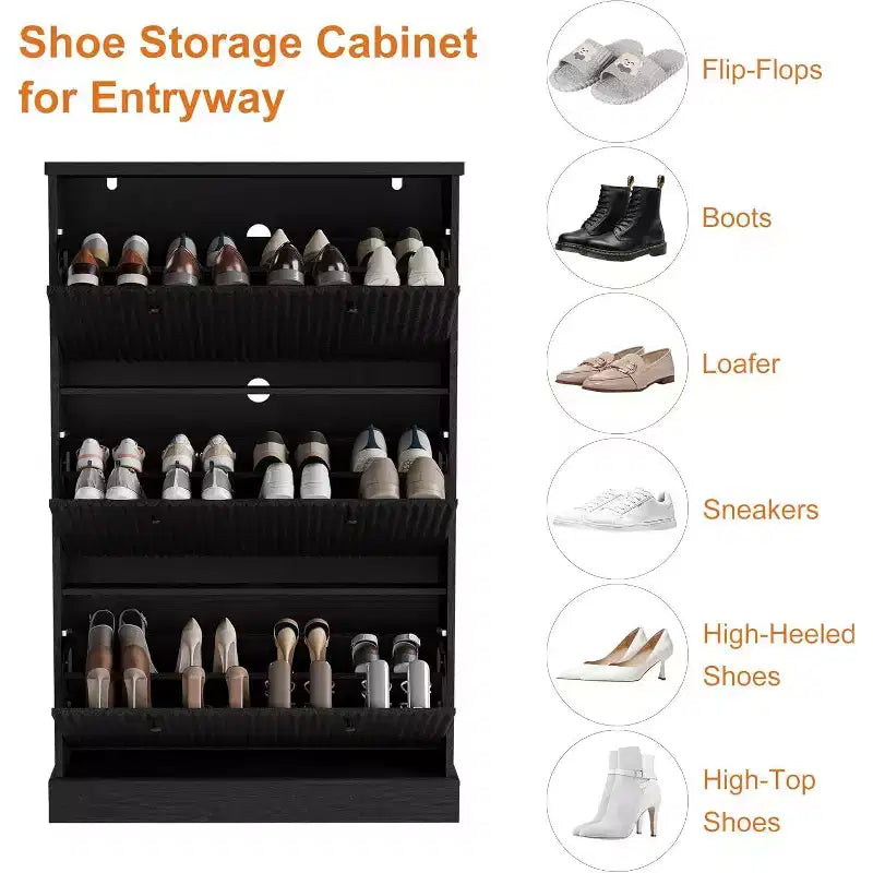 Shoe Cabinet with 3 Flip Drawers,Fluted Storage Cabinet with Adjustable and Removable Shelves,Freestanding Narrow Shoe Organizer for Entryway,Hallway