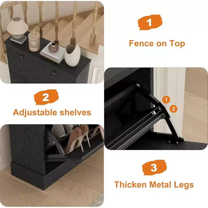 Shoe Cabinet with 3 Flip Drawers,Fluted Storage Cabinet with Adjustable and Removable Shelves,Freestanding Narrow Shoe Organizer for Entryway,Hallway