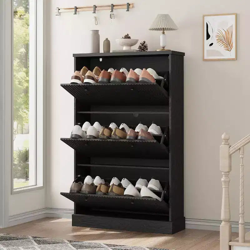 Shoe Cabinet with 3 Flip Drawers,Fluted Storage Cabinet with Adjustable and Removable Shelves,Freestanding Narrow Shoe Organizer for Entryway,Hallway