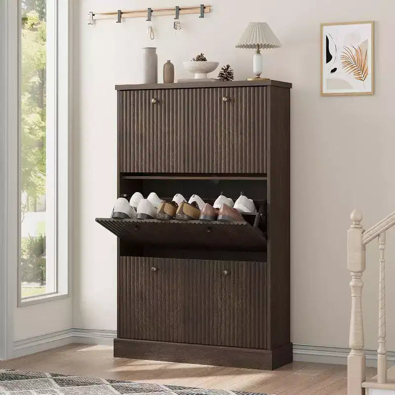 Meuble à chaussures avec 3 tiroirs basculants, meuble de rangement cannelé avec étagères réglables et amovibles, organiseur de chaussures autoportant étroit pour entrée, couloir