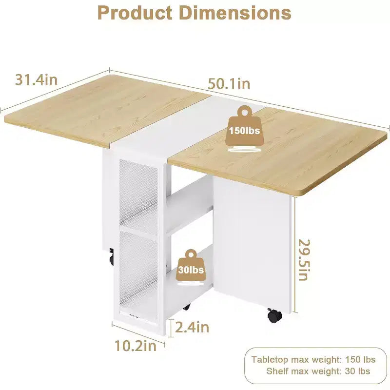 Folding Dining Table with Storage,Drop Leaf Table w/Wheels,Multifunction Expandable Dining Table with 2 Storage Shelves for Kitchen,Living Room