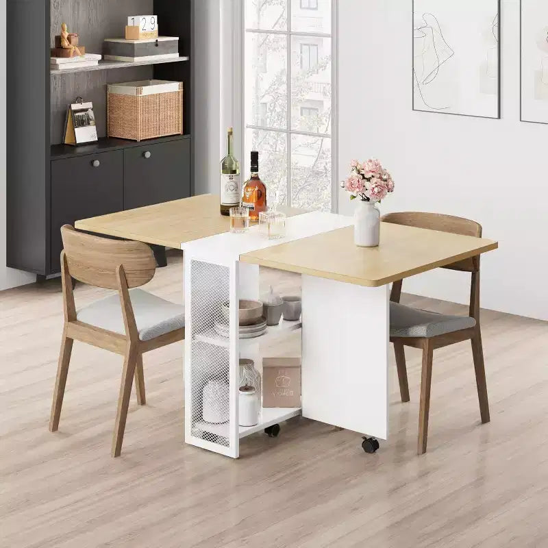 Folding Dining Table with Storage,Drop Leaf Table w/Wheels,Multifunction Expandable Dining Table with 2 Storage Shelves for Kitchen,Living Room