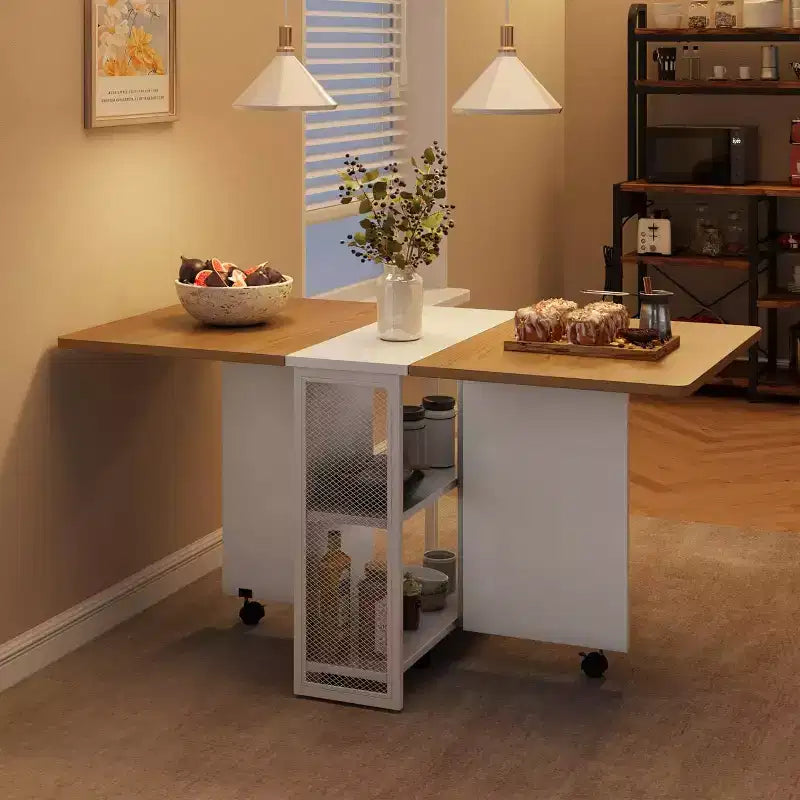 Folding Dining Table with Storage,Drop Leaf Table w/Wheels,Multifunction Expandable Dining Table with 2 Storage Shelves for Kitchen,Living Room