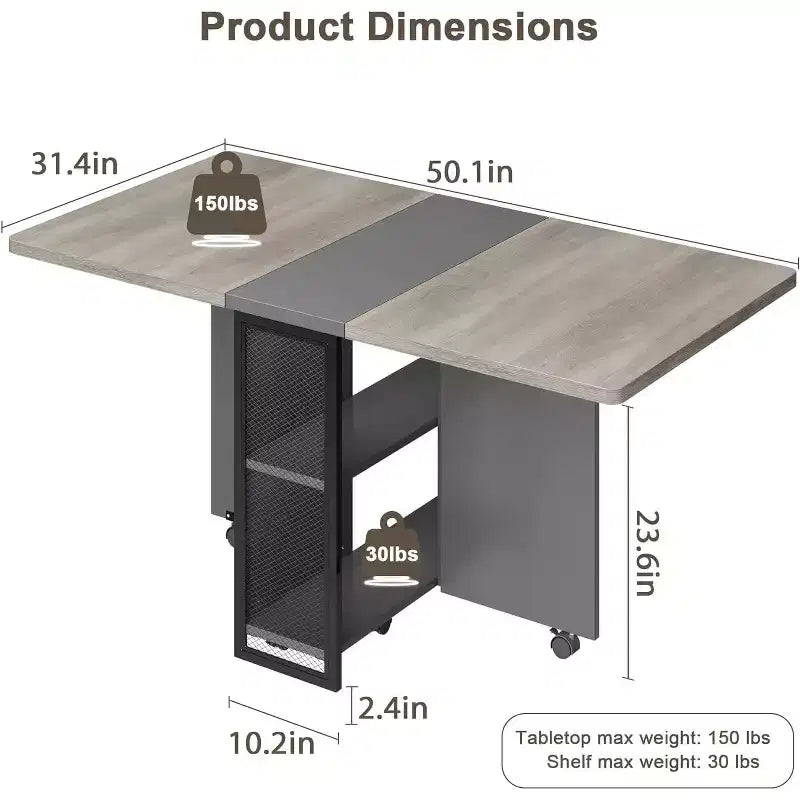 Folding Dining Table with Storage,Drop Leaf Table w/Wheels,Multifunction Expandable Dining Table with 2 Storage Shelves for Kitchen,Living Room