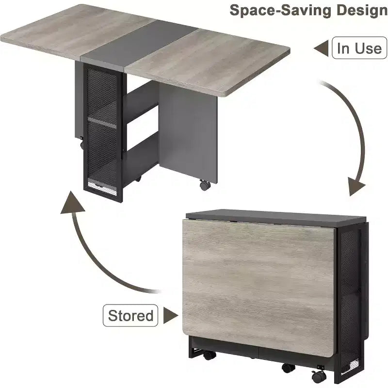Folding Dining Table with Storage,Drop Leaf Table w/Wheels,Multifunction Expandable Dining Table with 2 Storage Shelves for Kitchen,Living Room
