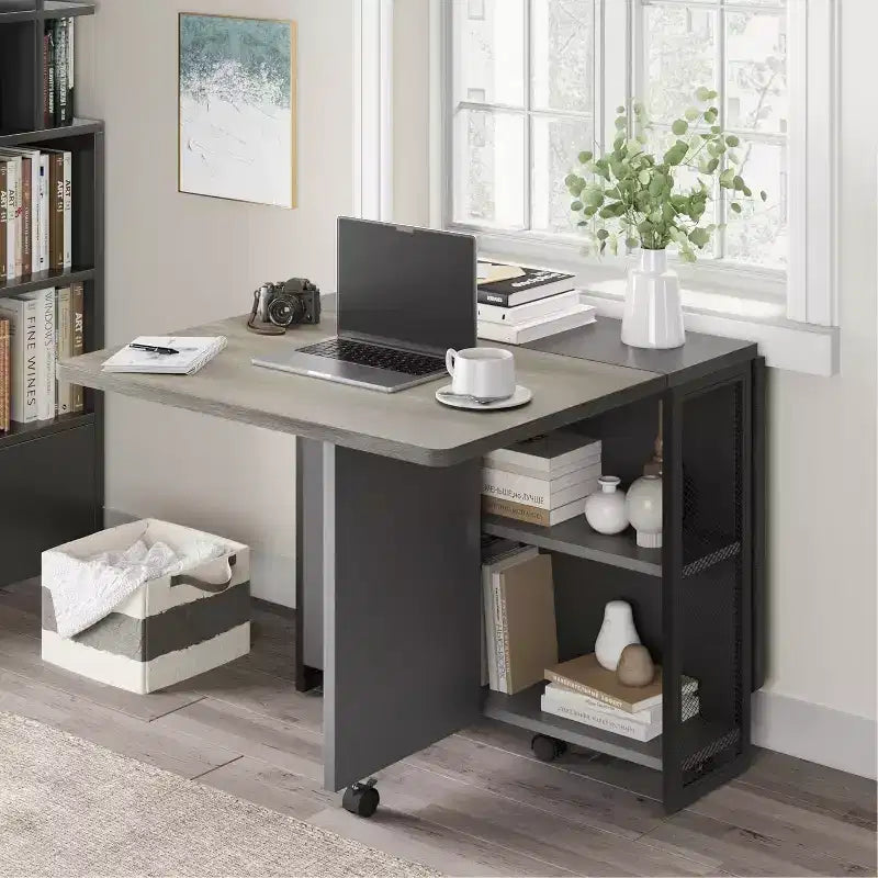 Folding Dining Table with Storage,Drop Leaf Table w/Wheels,Multifunction Expandable Dining Table with 2 Storage Shelves for Kitchen,Living Room