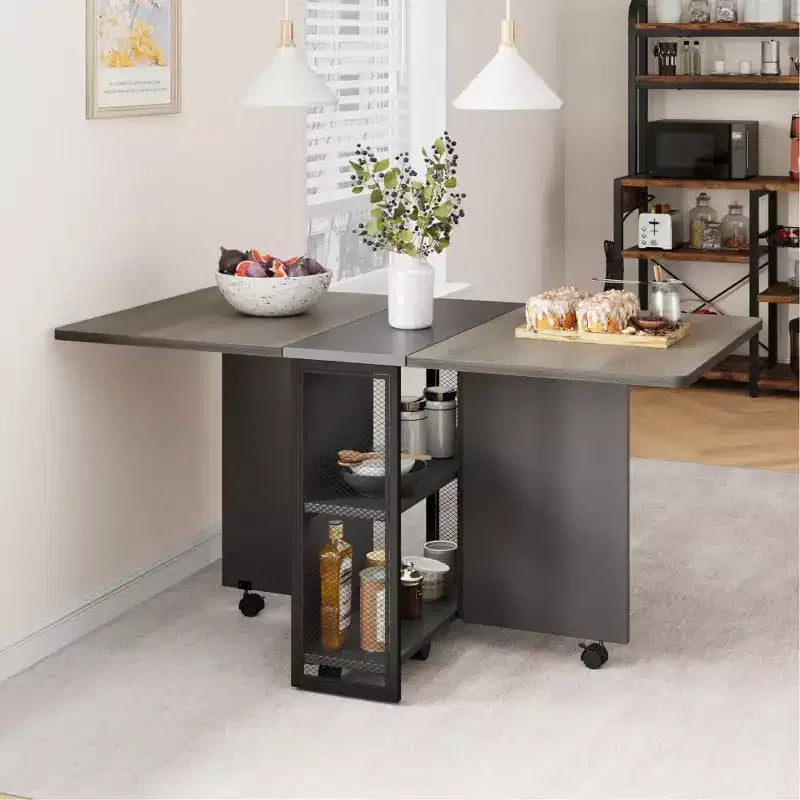 Folding Dining Table with Storage,Drop Leaf Table w/Wheels,Multifunction Expandable Dining Table with 2 Storage Shelves for Kitchen,Living Room