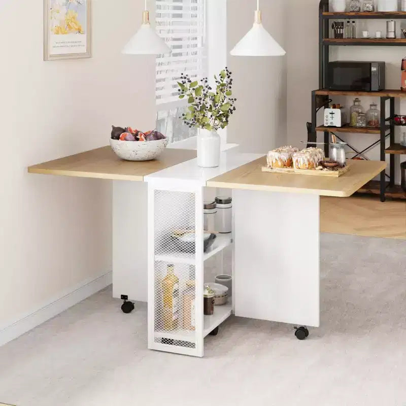Table de salle à manger pliante avec rangement, table à abattants avec roulettes, table de salle à manger multifonctionnelle extensible avec 2 étagères de rangement pour la cuisine, le salon