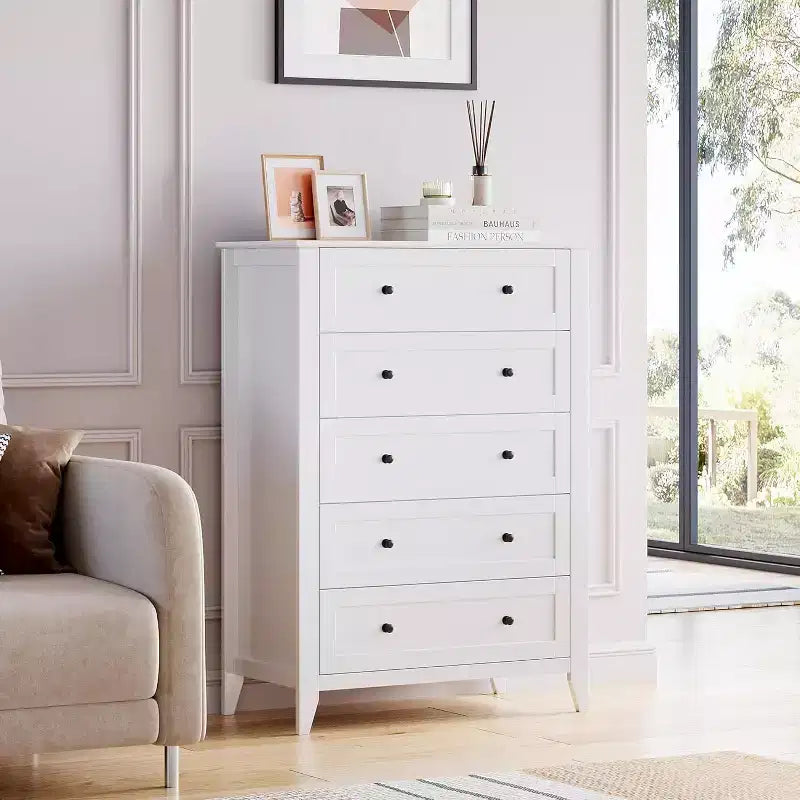 Modern 5 Drawers Dresser for Bedroom, Tall Wood Chest of Drawers for Clothes with Gold Handles & Deep Drawers, Living Room, Closet, Hallway, White