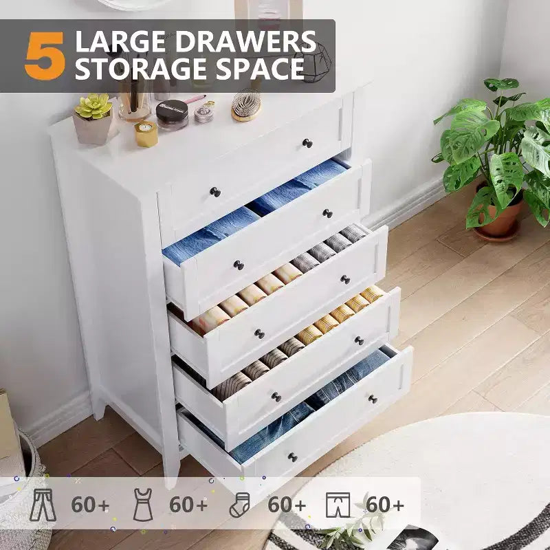 Modern 5 Drawers Dresser for Bedroom, Tall Wood Chest of Drawers for Clothes with Gold Handles & Deep Drawers, Living Room, Closet, Hallway, White