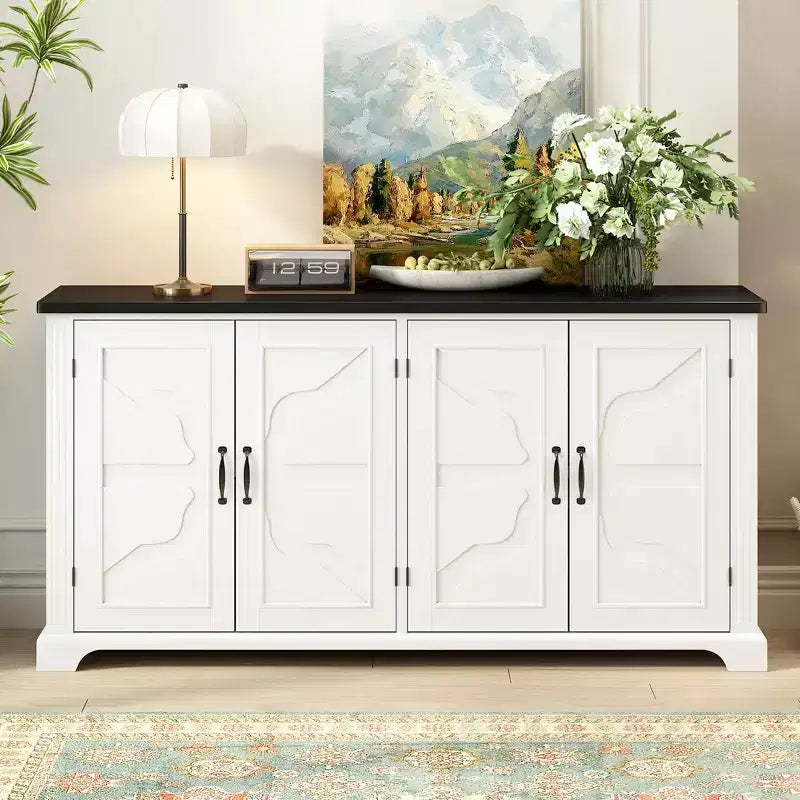 Country-Style Sideboard in White, Featuring Pine Wood Doors and Legs with Four Metal Handles; Ideal for Entryways, Living Rooms, and Dining Areas