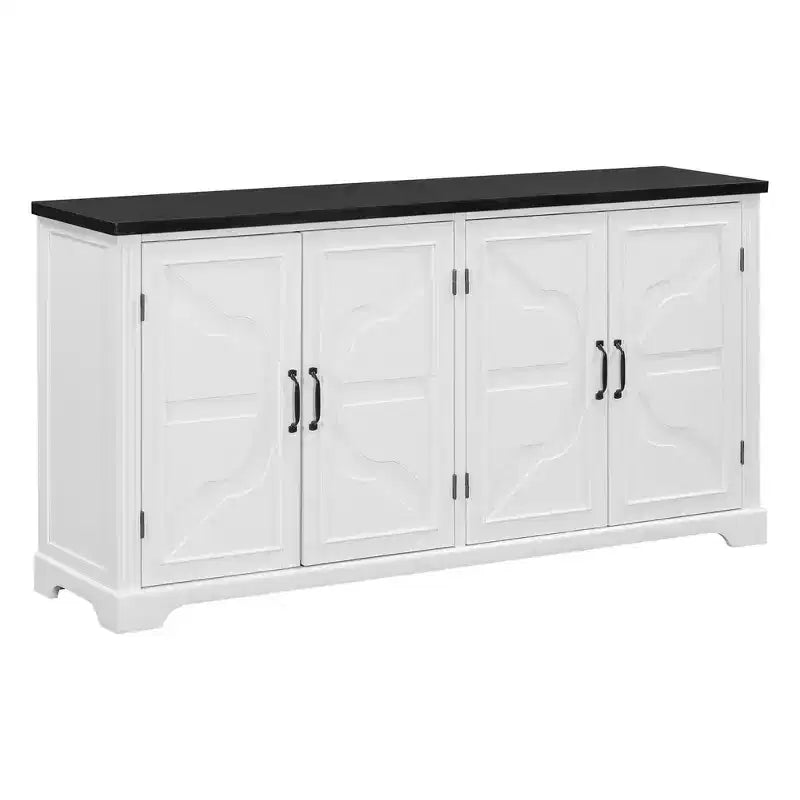 Country-Style Sideboard in White, Featuring Pine Wood Doors and Legs with Four Metal Handles; Ideal for Entryways, Living Rooms, and Dining Areas