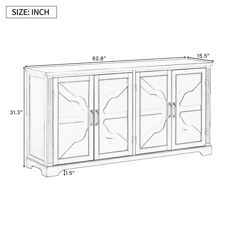 Country-Style Sideboard in White, Featuring Pine Wood Doors and Legs with Four Metal Handles; Ideal for Entryways, Living Rooms, and Dining Areas