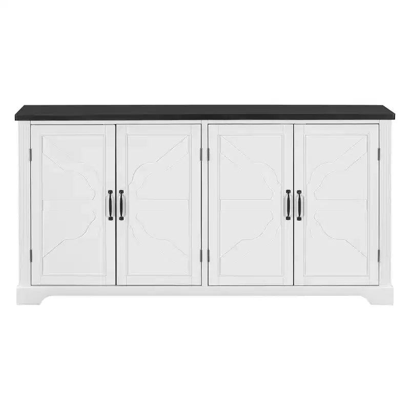Country-Style Sideboard in White, Featuring Pine Wood Doors and Legs with Four Metal Handles; Ideal for Entryways, Living Rooms, and Dining Areas