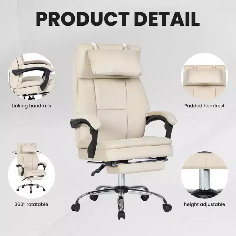 TUYOHW Chic 360 Swivel Ergonomics Office Chair with Footrest,Head Pillow,30 Recliner Computer Chair with Adjustable Height,Luxury Boss Chair,Beige
