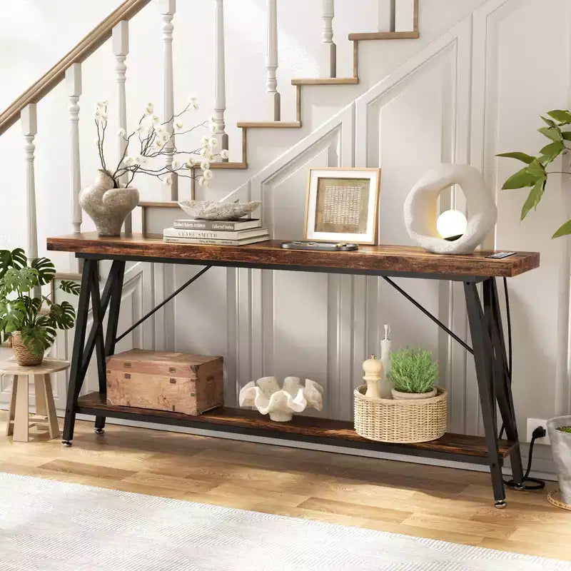 Console extensible Besiost 71" avec station de charge, table de canapé à cadre métallique industriel avec étagère de rangement