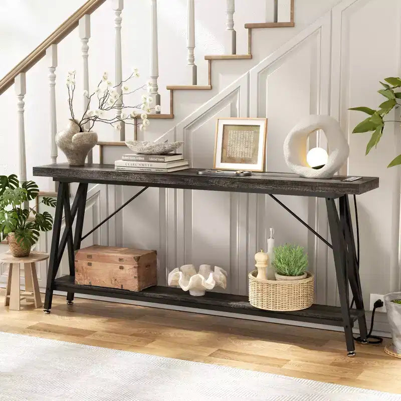 Console extensible Besiost 71" avec station de charge, table de canapé à cadre métallique industriel avec étagère de rangement