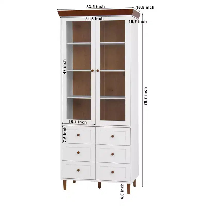 Farmhouse Kitchen Storage Cabinet with Glass Door and 2 Adjustable Shelves, Tall Pantry for Dining Room, Living Room, and Bathroom