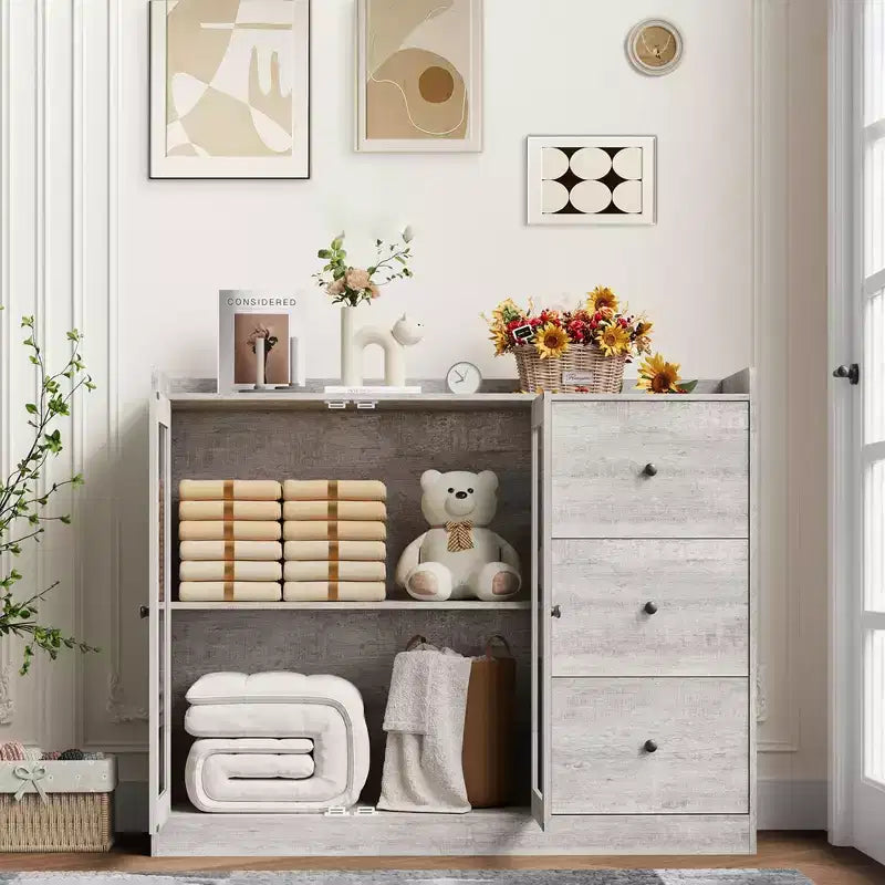 COZONY 35 Kitchen Hutch Storage Cabinet, Coffee Bar Cabinet with 3 Drawers & Doors, Freestanding Buffet for Dining Living Room