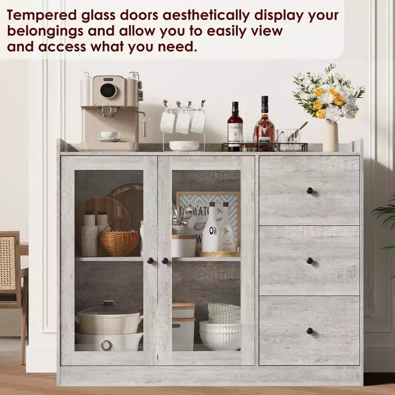 COZONY 35 Kitchen Hutch Storage Cabinet, Coffee Bar Cabinet with 3 Drawers & Doors, Freestanding Buffet for Dining Living Room