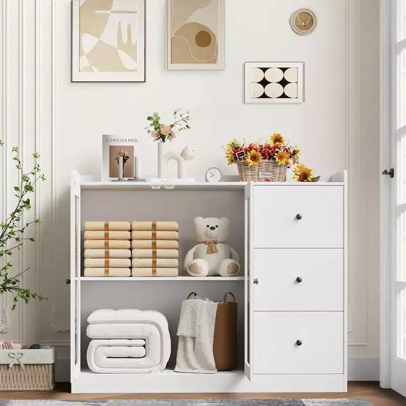 COZONY 35 Kitchen Hutch Storage Cabinet, Coffee Bar Cabinet with 3 Drawers & Doors, Freestanding Buffet for Dining Living Room