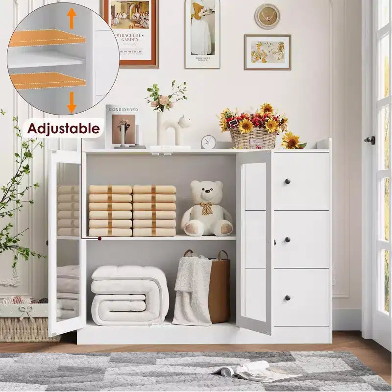 COZONY 35 Kitchen Hutch Storage Cabinet, Coffee Bar Cabinet with 3 Drawers & Doors, Freestanding Buffet for Dining Living Room