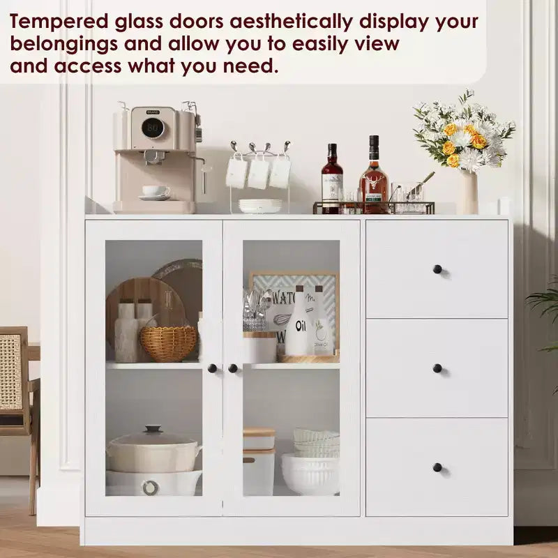 COZONY 35 Kitchen Hutch Storage Cabinet, Coffee Bar Cabinet with 3 Drawers & Doors, Freestanding Buffet for Dining Living Room