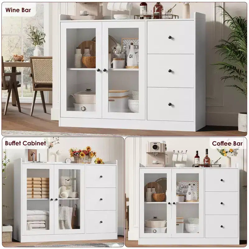 COZONY 35 Kitchen Hutch Storage Cabinet, Coffee Bar Cabinet with 3 Drawers & Doors, Freestanding Buffet for Dining Living Room