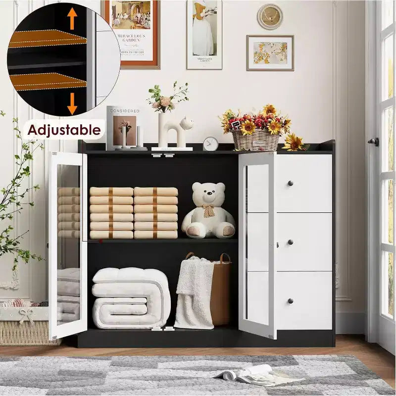 COZONY 35 Kitchen Hutch Storage Cabinet, Coffee Bar Cabinet with 3 Drawers & Doors, Freestanding Buffet for Dining Living Room