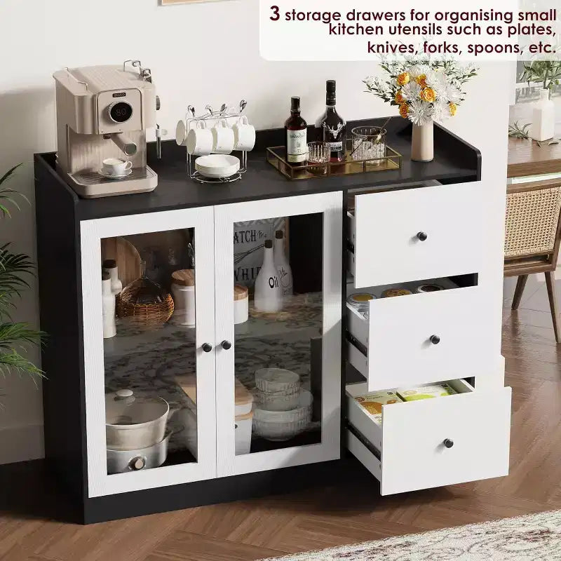 COZONY 35 Kitchen Hutch Storage Cabinet, Coffee Bar Cabinet with 3 Drawers & Doors, Freestanding Buffet for Dining Living Room