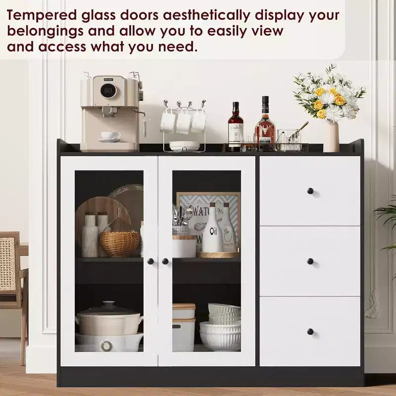 COZONY 35 Kitchen Hutch Storage Cabinet, Coffee Bar Cabinet with 3 Drawers & Doors, Freestanding Buffet for Dining Living Room