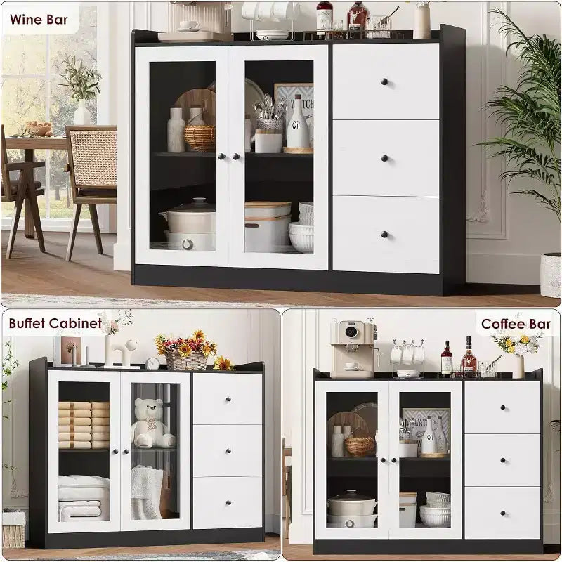 COZONY 35 Kitchen Hutch Storage Cabinet, Coffee Bar Cabinet with 3 Drawers & Doors, Freestanding Buffet for Dining Living Room
