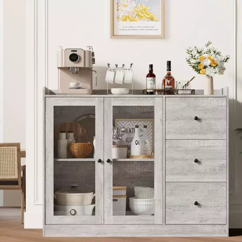 COZONY 35 Kitchen Hutch Storage Cabinet, Coffee Bar Cabinet with 3 Drawers & Doors, Freestanding Buffet for Dining Living Room