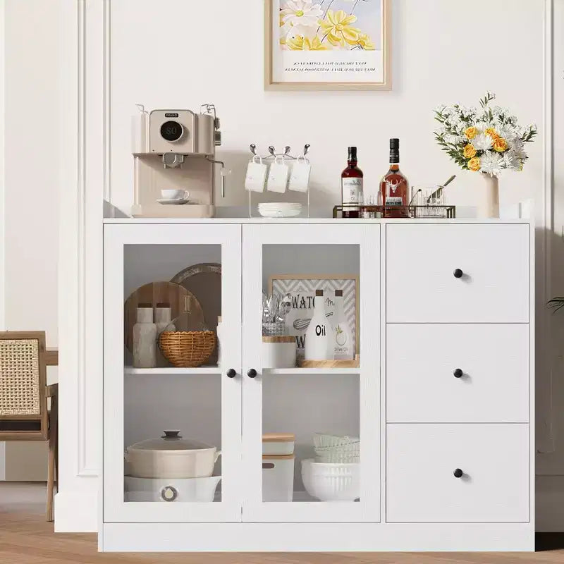 COZONY 35 Kitchen Hutch Storage Cabinet, Coffee Bar Cabinet with 3 Drawers & Doors, Freestanding Buffet for Dining Living Room