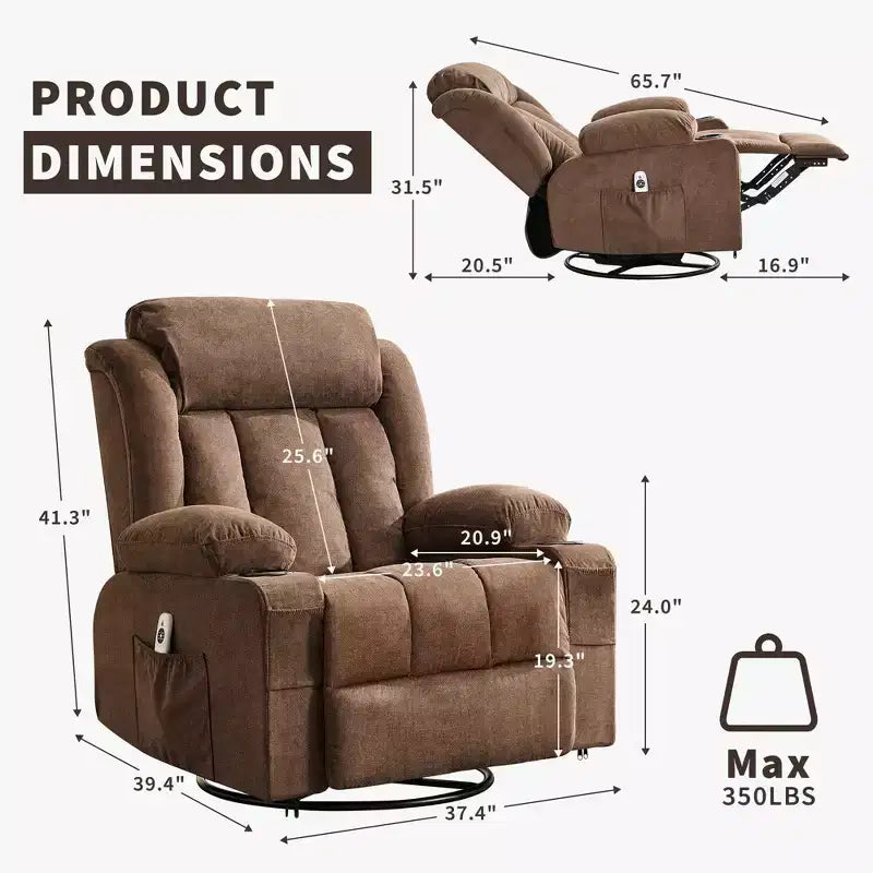 COZONY Rocker Recliner Chair with Heat & Massage - 360 Swivel, Oversized Single Sofa Seat with 3 Positions, USB Ports, Cup Holders, Side Pockets