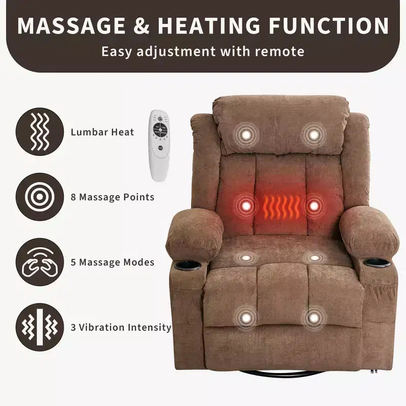 COZONY Rocker Recliner Chair with Heat & Massage - 360 Swivel, Oversized Single Sofa Seat with 3 Positions, USB Ports, Cup Holders, Side Pockets