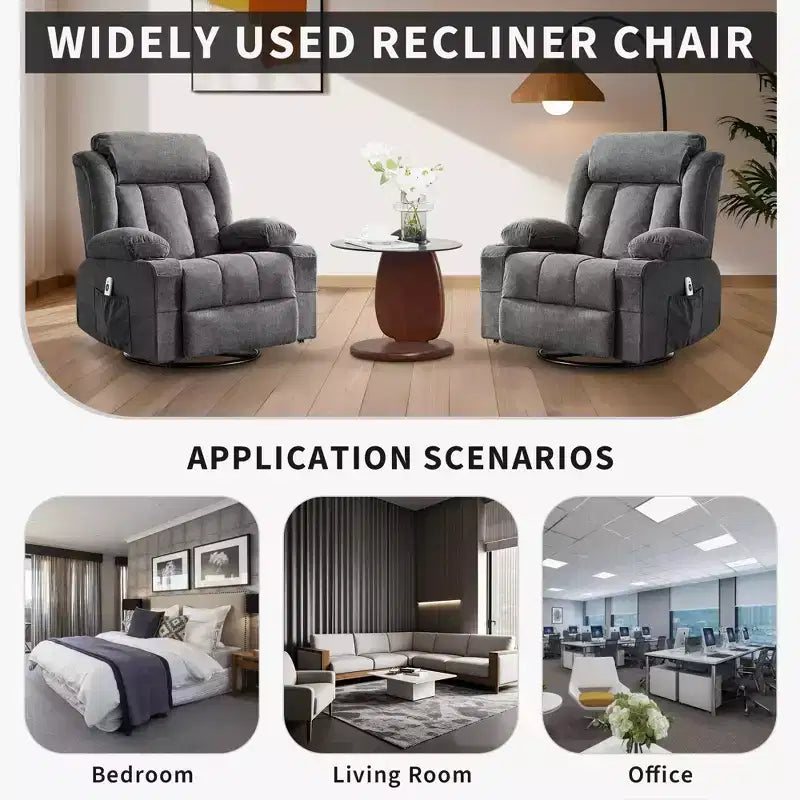 COZONY Rocker Recliner Chair with Heat & Massage - 360 Swivel, Oversized Single Sofa Seat with 3 Positions, USB Ports, Cup Holders, Side Pockets