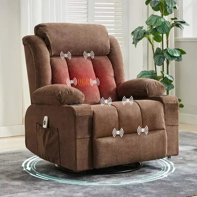 COZONY Rocker Recliner Chair with Heat & Massage - 360 Swivel, Oversized Single Sofa Seat with 3 Positions, USB Ports, Cup Holders, Side Pockets