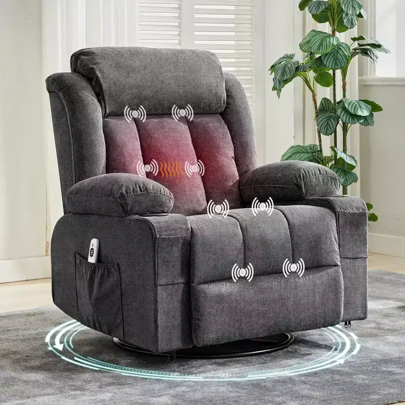 COZONY Rocker Recliner Chair with Heat & Massage - 360 Swivel, Oversized Single Sofa Seat with 3 Positions, USB Ports, Cup Holders, Side Pockets
