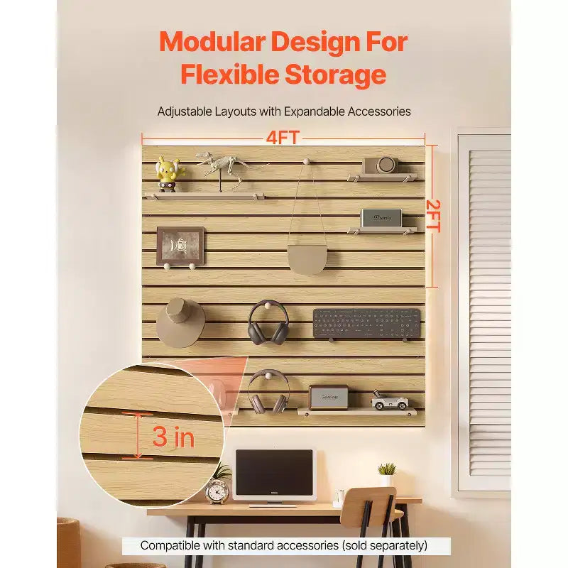 VEVOR Slat Wall Paneling, 4 x 4ft, MDF Garage Slatwall with Modular Design, Natural Slat Wall Easy-to-Install Adjustable Slatwall Panel, Wood