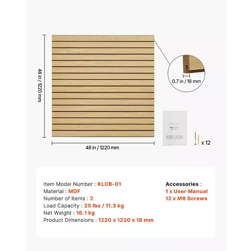 VEVOR Slat Wall Paneling, 4 x 4ft, MDF Garage Slatwall with Modular Design, Natural Slat Wall Easy-to-Install Adjustable Slatwall Panel, Wood