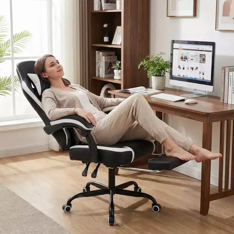 Costway Gaming Chair with Headrest, Lumbar Support, Linkage Armrests, Reclining Backrest Black & White/Navy Blue & Black