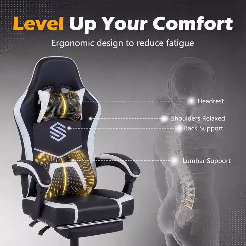 Costway Gaming Chair with Headrest, Lumbar Support, Linkage Armrests, Reclining Backrest Black & White/Navy Blue & Black