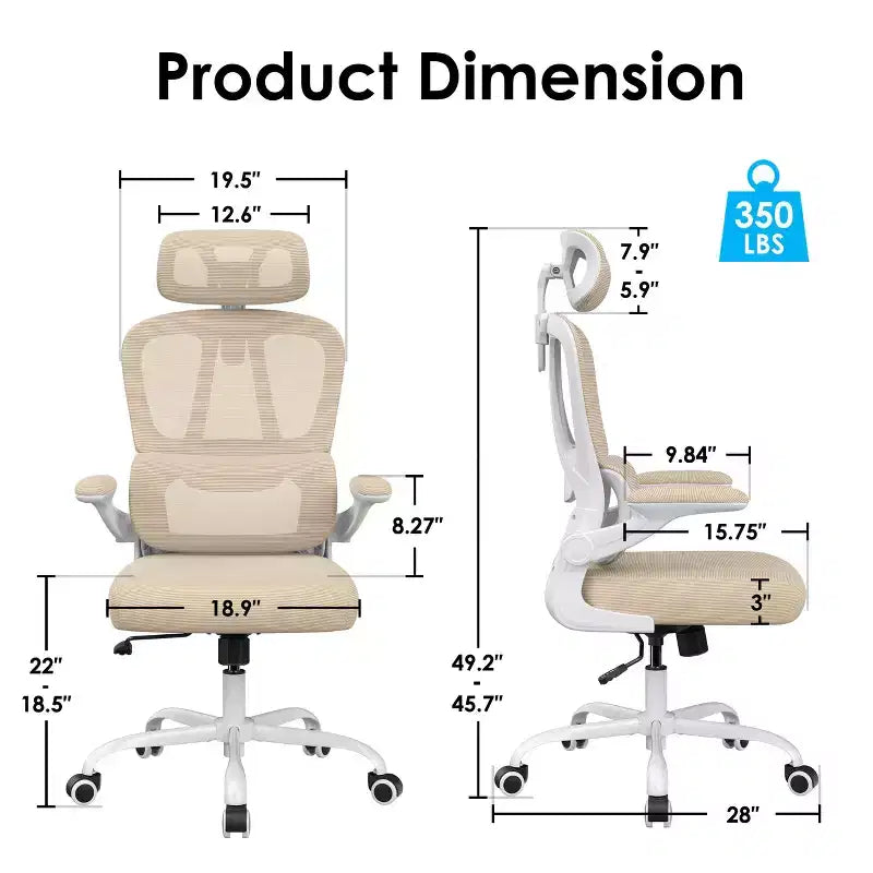 TUYOHW Ergonomic Mesh Office Chair with Adjustable Lumbar Support,Headrest & Flip-Up Armrests,Home Office Desk Chair for Study,Gaming Room