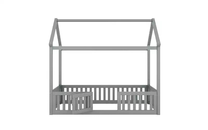 TUYOHW Twin Size Floor Bed Frame, Solid Pine Wood House Platform Bed Frame with Sky Roof & Guardrail Door, Toddler Bed for Kis Play & Sleep