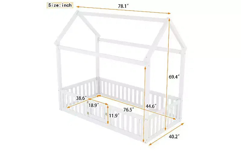 TUYOHW Twin Size Floor Bed Frame, Solid Pine Wood House Platform Bed Frame with Sky Roof & Guardrail Door, Toddler Bed for Kis Play & Sleep