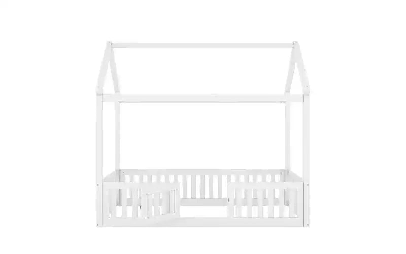 TUYOHW Twin Size Floor Bed Frame, Solid Pine Wood House Platform Bed Frame with Sky Roof & Guardrail Door, Toddler Bed for Kis Play & Sleep
