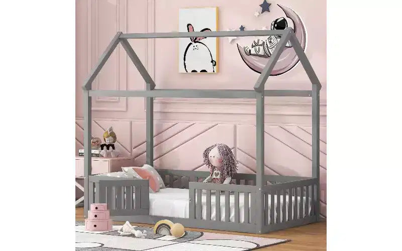 TUYOHW Twin Size Floor Bed Frame, Solid Pine Wood House Platform Bed Frame with Sky Roof & Guardrail Door, Toddler Bed for Kis Play & Sleep