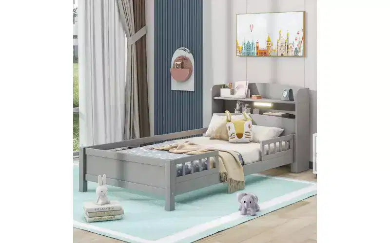 TUYOHW Wooden Twin Size Bed Frame, Platform Bed Frame with LED Storage Headboard & Safety Guardrails, Storage Bed Bookcase Bed